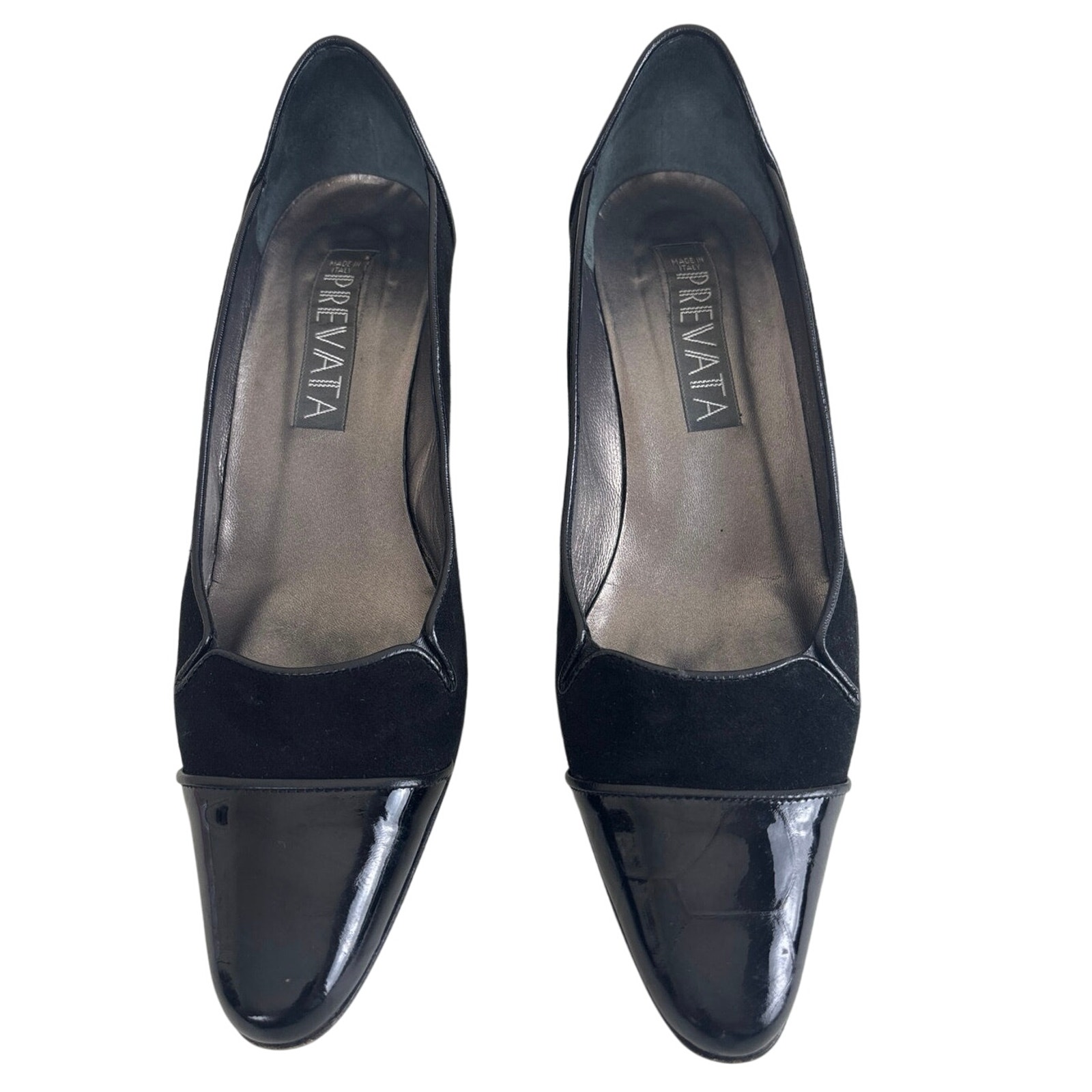Prevata Nello Black Suede And Patent Leather Pointed Cap Toe Italian Made Size 7